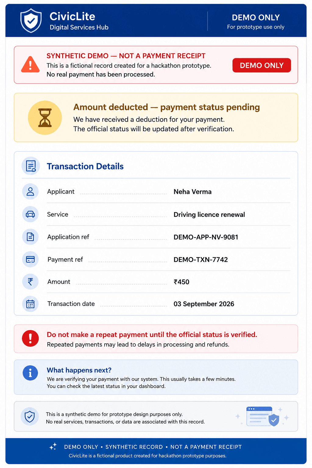 Demo payment-pending record for Neha Verma